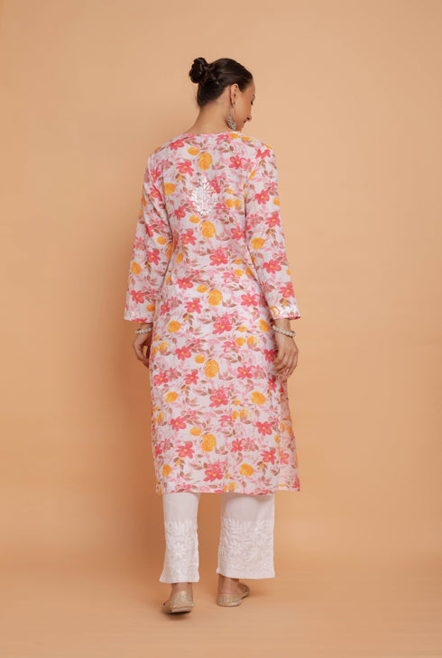 Saba Chikankari Kurta in Mul cotton in Pink Floral