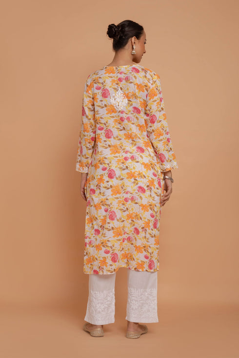 Saba Chikankari Kurta in Mul cotton in Yellow Floral