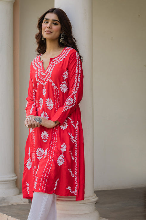 Saba Chikankari Long Kurta in Barfi Silk - Red