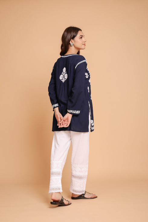 Saba Chikankari Short Kurta in Rayon cotton - Navy Blue