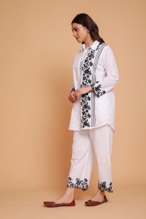 Saba Chikankari Co-ord Set in Cotton Cambric - White With Black