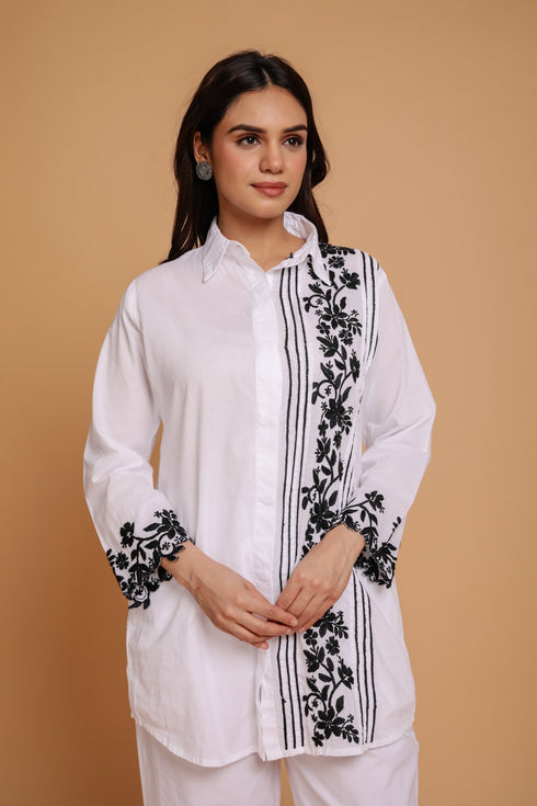 Saba Chikankari Co-ord Set in Cotton Cambric - White With Black