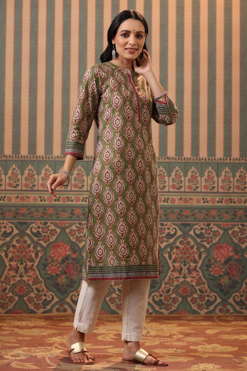 Women Green Ethnic Motifs Printed Cotton Straight Kurta