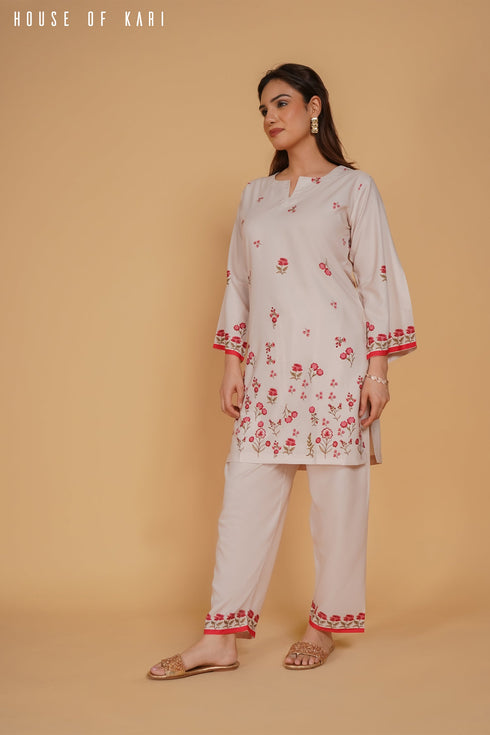 Printkari Poly Muslin Co-ord set in Off White Red