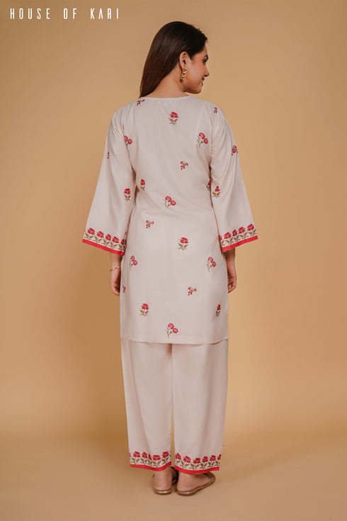 Printkari Poly Muslin Co-ord set in Off White Red
