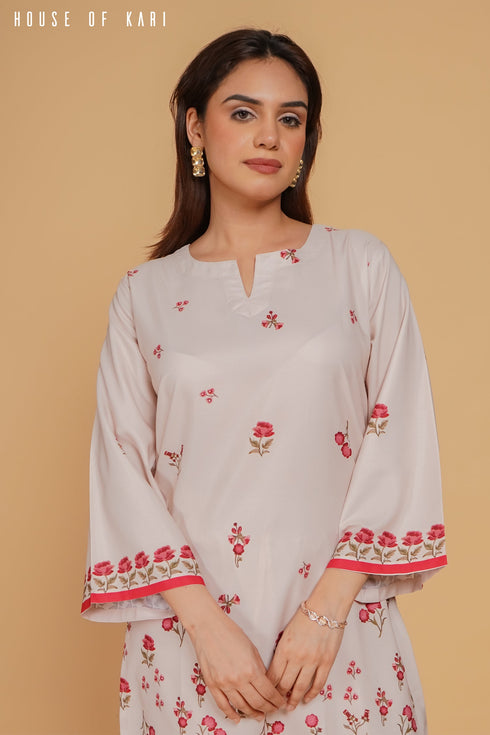 Anureet in Printkari Poly Muslin Co-ord set in Off White Red