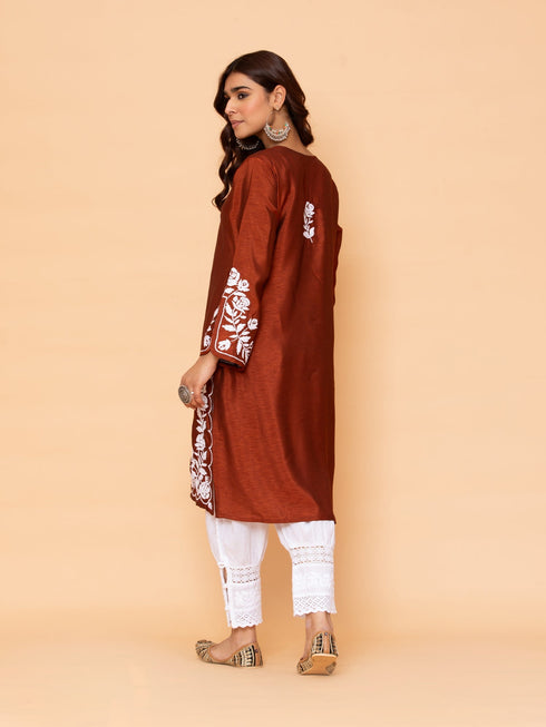 Saba Chikankari Long Kurta in Barfi Silk - Chutney