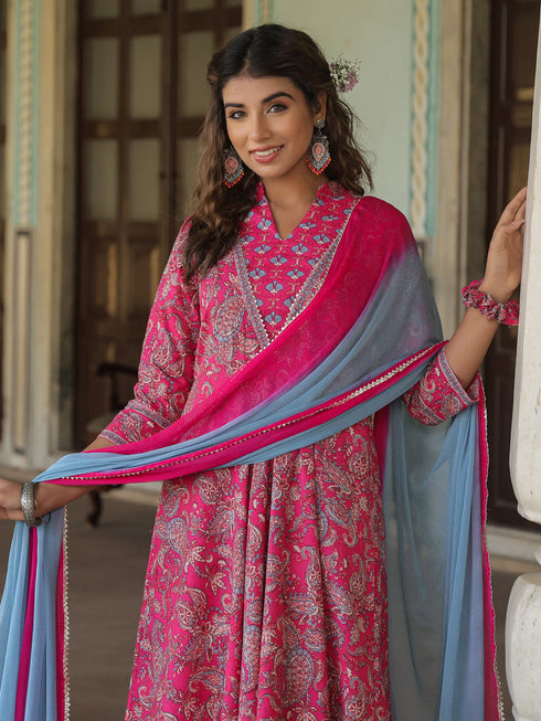 Women Fuchsia Paisley Printed Pure Cotton Kurta With Printed Trouser And Dyed Dupatta