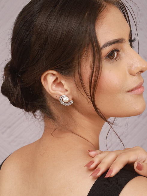 925 Sterling Silver Rhodium Plated Pearl Studds Earrings
