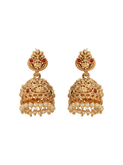 Gold Finish Red Kempo Studded Nagas GoddessLakshi Design Temple Jhumka Earrings