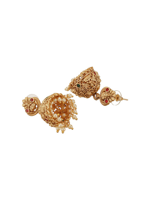 Gold Finish Red Kempo Studded Nagas GoddessLakshi Design Temple Jhumka Earrings