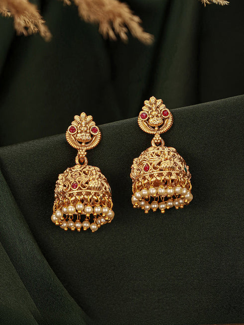 Gold Finish Red Kempo Studded Nagas GoddessLakshi Design Temple Jhumka Earrings