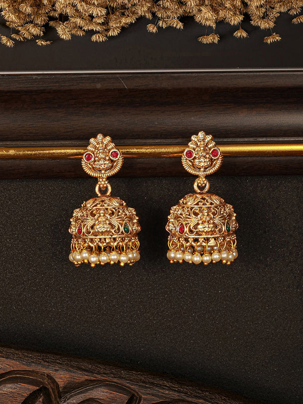 Gold Finish Red Kempo Studded Nagas GoddessLakshi Design Temple Jhumka Earrings