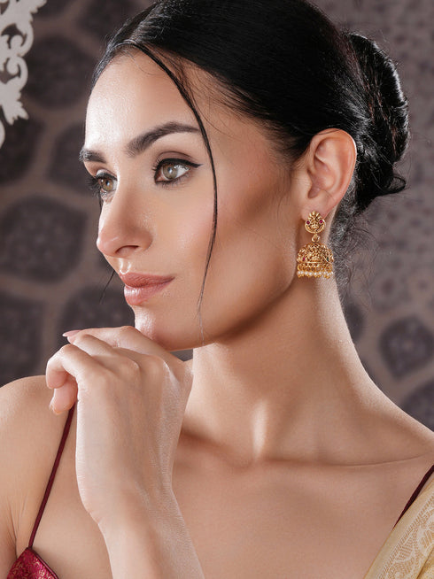 Gold Finish Red Kempo Studded Nagas GoddessLakshi Design Temple Jhumka Earrings