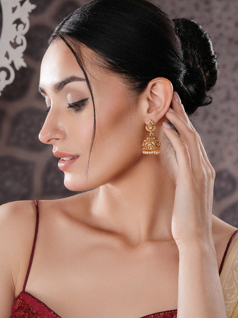 Gold Finish Red Kempo Studded Nagas GoddessLakshi Design Temple Jhumka Earrings