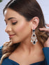 Silver Toned Blue CZ Studded Pearl Beaded Statement Chandelier Earrings