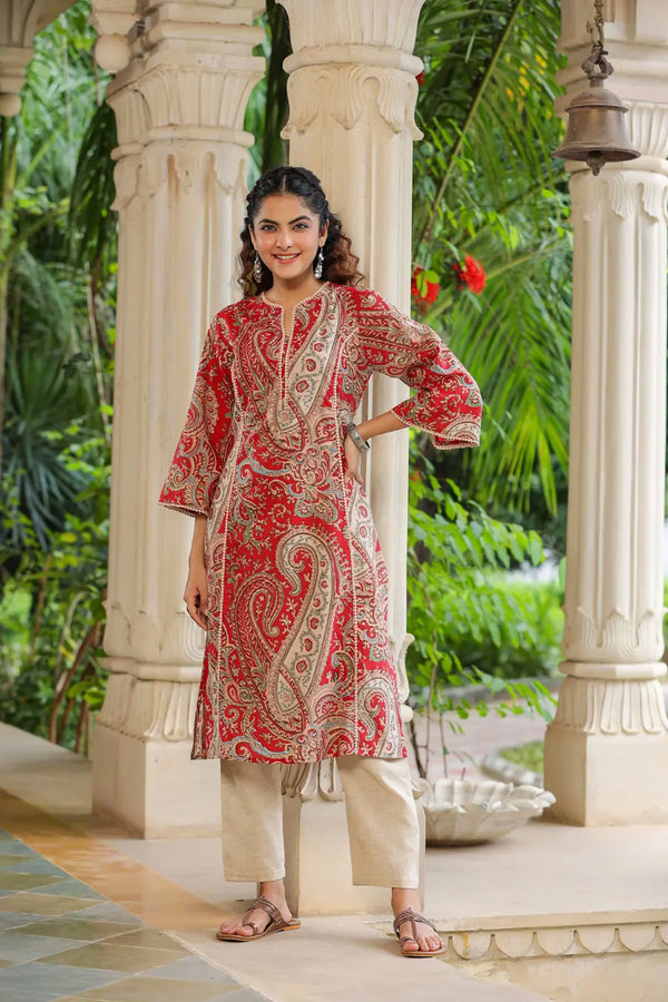 Women Red Paisley Prented Pure Cotton A-line Kurta