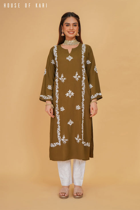 Rayon Chikankari Straight Kurta in Olive Brown