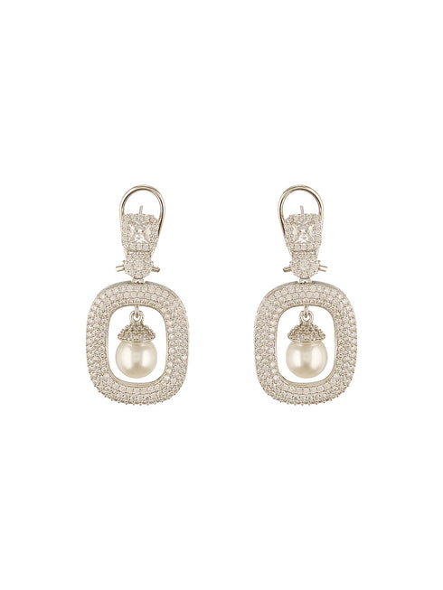 Silver Plated AD Studded Geometric Link Pearl Charm Dangling Earrings