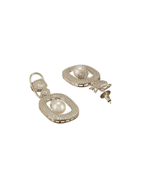 Silver Plated AD Studded Geometric Link Pearl Charm Dangling Earrings