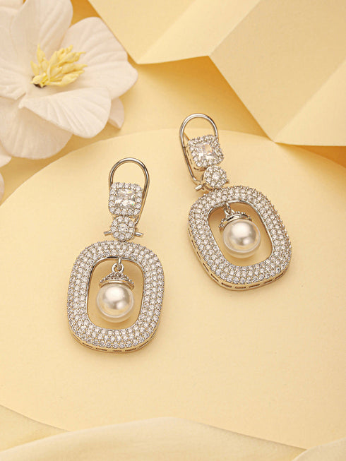 Silver Plated AD Studded Geometric Link Pearl Charm Dangling Earrings