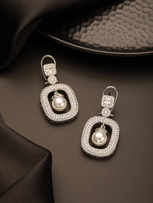 Silver Plated AD Studded Geometric Link Pearl Charm Dangling Earrings
