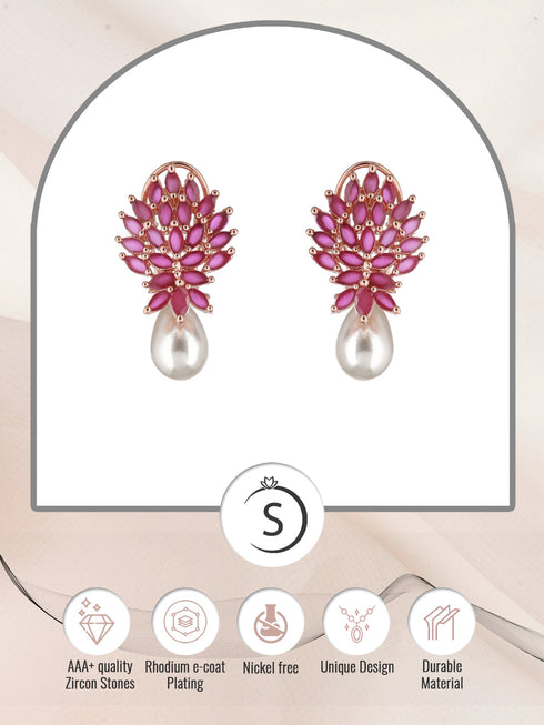 Rose Gold Plated Luxurious Pink AD studded Pearl Drop Earring