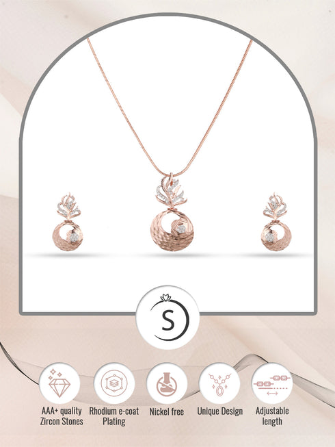 Rose Gold plated AD studded Round Pendant Earrings set chain