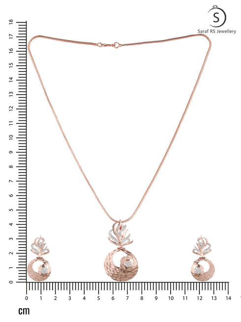 Rose Gold plated AD studded Round Pendant Earrings set chain