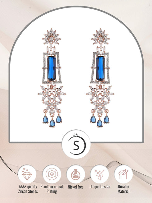 Rose Gold plated Blue AD studded Drop Earrings