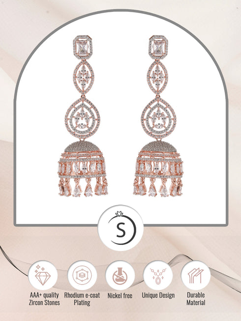 Rose Gold plated Bell shaped AD studded Jhumka Earrings