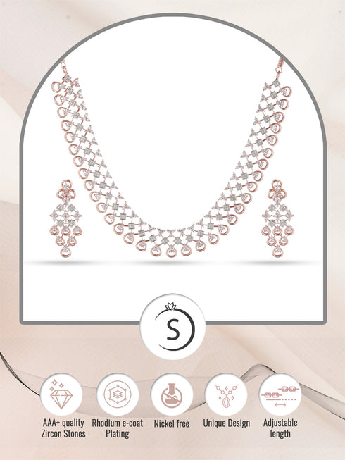 Rose Gold plated Unique Design AD studded Necklace Earrings