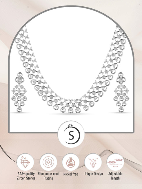 White Rhodium plated Unique Design AD studded Necklace Earrings Girls