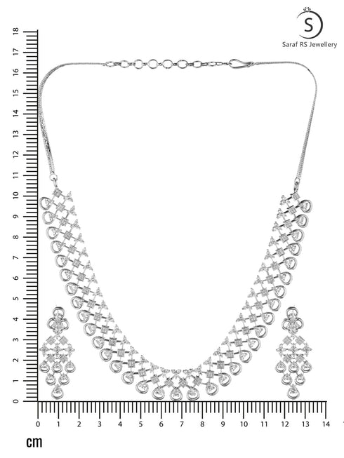 White Rhodium plated Unique Design AD studded Necklace Earrings Girls