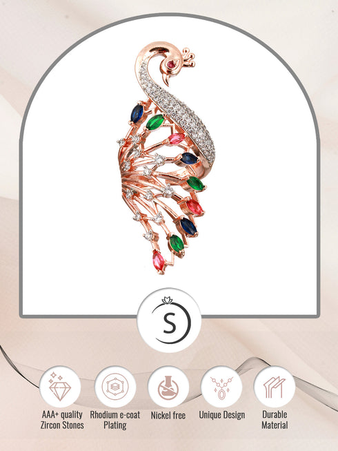 Rose Gold Plated Multi AD studded Peacock Handcrafted Finger Ring