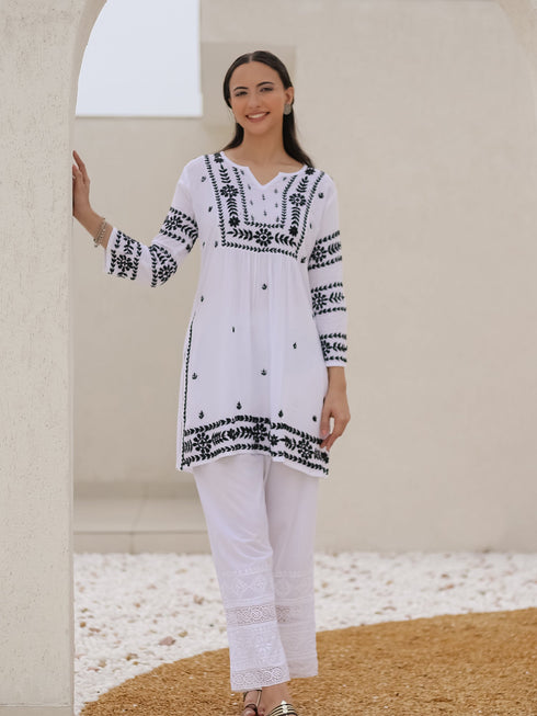 Saba Chikankari Short Kurta in Rayon cotton - White With Black