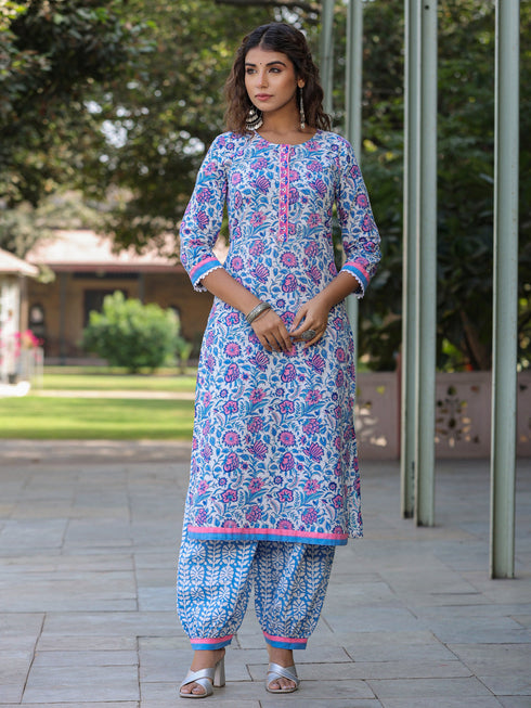 Women Blue Floral Printed Straight Kurta With Afghani Salwar and Printed Dupatta