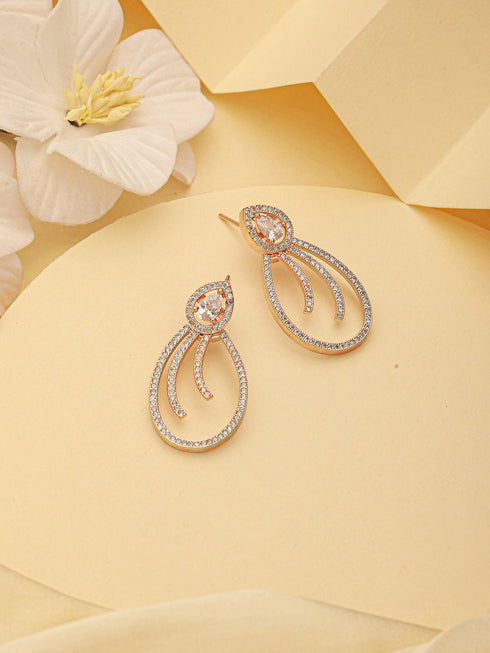 Rose Gold Plated AD Studded Pear Shaped Drop Earrings