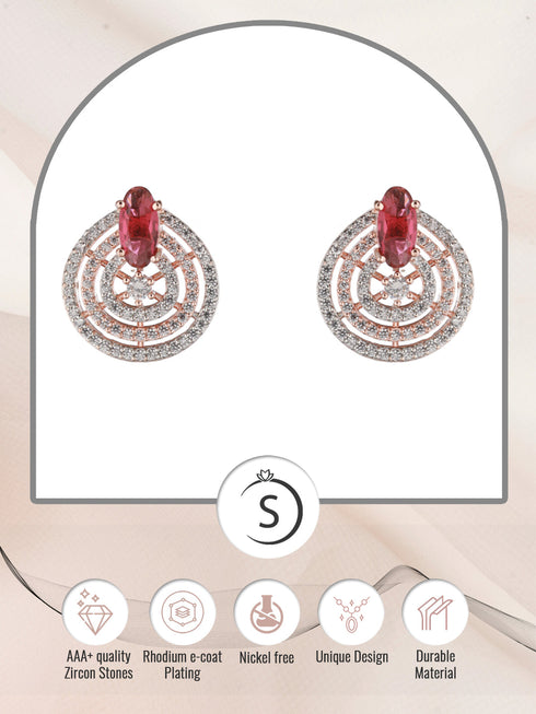 Rose Gold Plated Red and White AD Studded Concentric Studs Earrings
