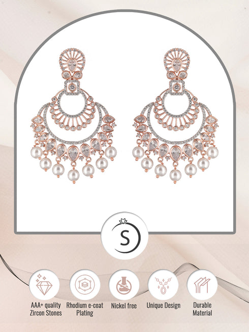 Rose Gold plated Pearl & AD studded Crescent Shaped Chandbali Earrings