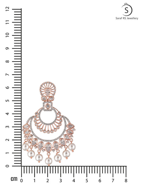 Rose Gold plated Pearl & AD studded Crescent Shaped Chandbali Earrings