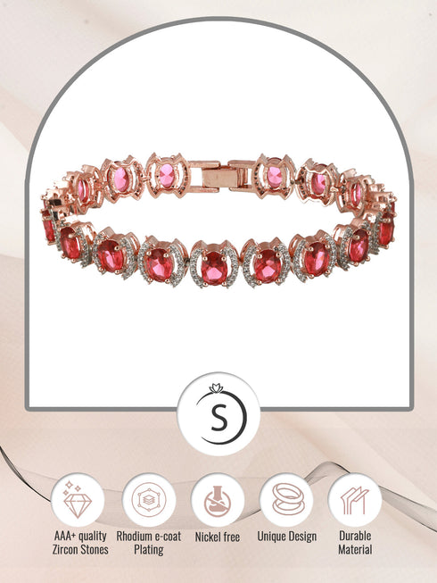 Rose Gold Plated Oval Pink Ruby Ad Studded Handcrafted Tennis Bracelet For Her