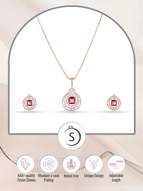 Rose Gold Plated Pink Ruby Studded Circle Pendant Locket Set Earrings and Chain