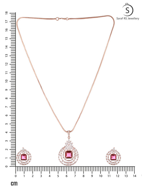 Rose Gold Plated Pink Ruby Studded Circle Pendant Locket Set Earrings and Chain