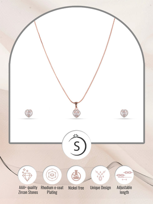 Rose Gold Plated White AD Studded Heart Shaped Pendant Chain and Earrings