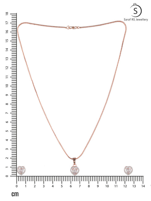 Rose Gold Plated White AD Studded Heart Shaped Pendant Chain and Earrings