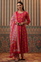 Women Fuchsia Floral Printed Sequinned Cotton Anarkali Kurta With Trousers & Dupatta