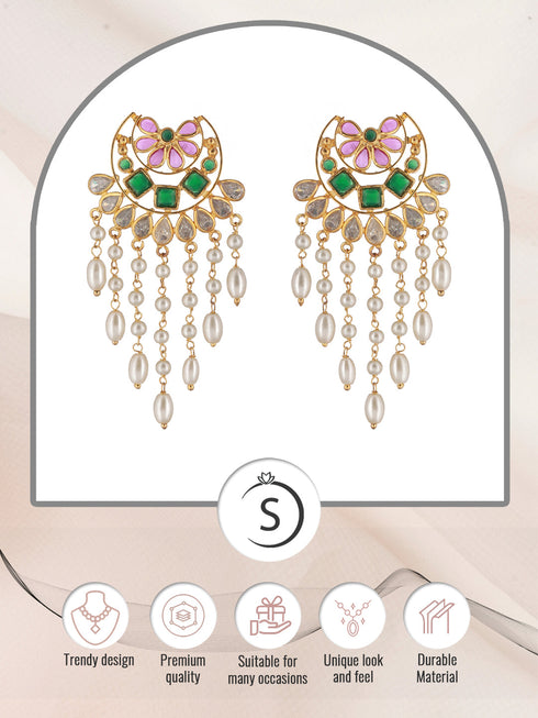 Gold Plated Red & Green AD Studded Crescent Shaped long Pearls Drop Earrings