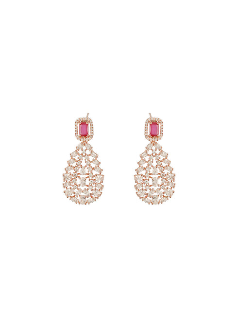 Rose Gold Plated Ruby Red AD Studded Luxe Drop Earrings