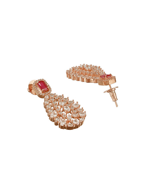 Rose Gold Plated Ruby Red AD Studded Luxe Drop Earrings
